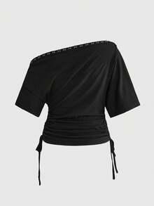 ROMWE Grunge Punk 音乐节朋克金属风不对称肩部褶皱修身女式T恤 - 黑色 - 查看 5