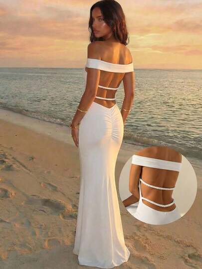 Aloruh 白色婚礼季露背褶皱性感露肩编织紧身连衣裙，女士款