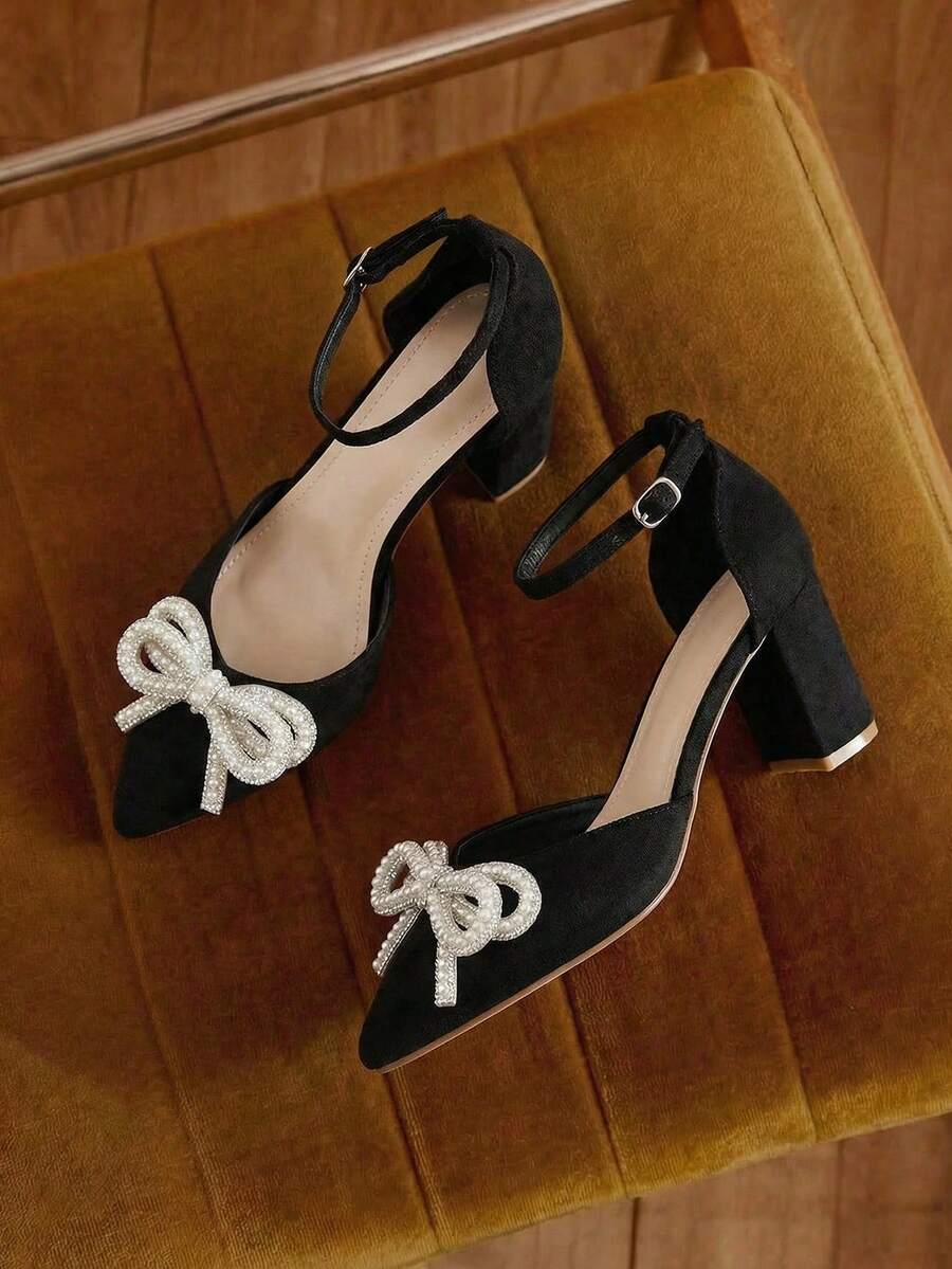 2025秋冬季仿珍珠蝴蝶结优雅粗跟鞋，尖头镂空高跟鞋，适合婚礼季，优雅女士高跟鞋，优雅派对装扮 - 黑色 - 查看 1