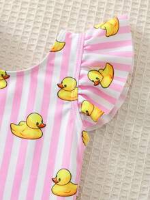 SHEIN Baby Girl Striped Cartoon Duck Print Ruffle Trim Cute One-Piece Swimsuit - Multicolor - View 6