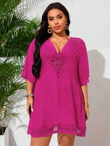 Swim Lushoire Vestido de playa de encaje floral con cuello en V y parches sexy para mujer de talla grande - Rosa Fucsia - Ver 4