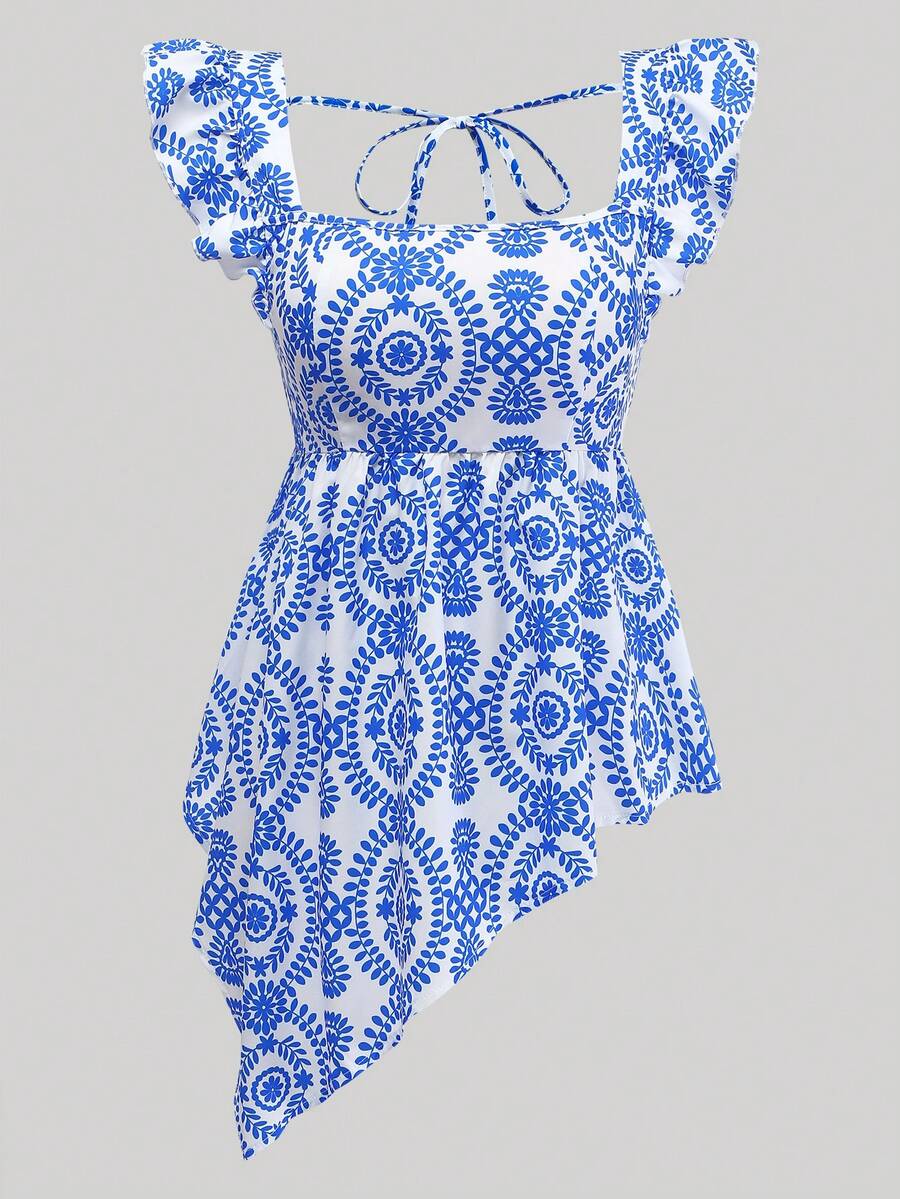 Trelyra 方领荷叶袖不对称下摆印花女式衬衫 - 藍色 - 查看 1