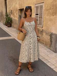 SHEIN Frenchy 大码女式碎花休闲无袖纽扣连衣裙 - 彩色 - 查看 1