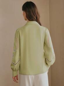 Anewsta Women's Elegant Fashion Vacation/Date Chic Hollow Embroidery Pattern Long Sleeve Blouse, Spring/Summer - Green - View 9