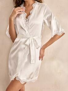 Charlaine Women's Contrast Lace Trim Solid Color Robe Luxe Loungewear, Fall, Winter - White - View 5