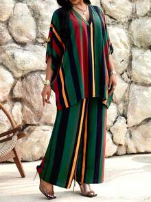 SHEIN Lady Plus Size Striped V-Neck Top And Wide Leg Pants 2 Pieces Casual Set - Multicolor - View 3