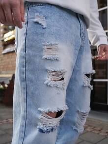 LEOGASHI LEOGASHI Men's Loose Fit Ripped Washed Denim Jeans - Light Wash - View 3