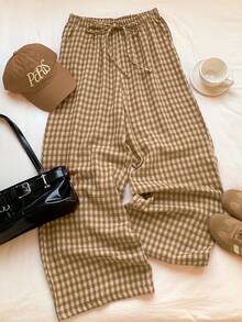 Comfortcana Beige,Summer,Casual,Picnic Women's Plaid Wide Leg Pants,Plus Size Countryside Style Checkered Trousers,Pleated Loose Drawstring Waist Yellow Bottoms - Multicolor - View 8
