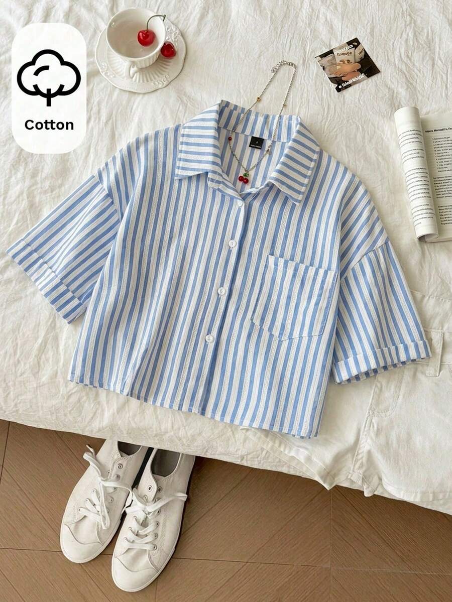 Elamini 条纹短款宽松休闲女式宽松袖口衬衫，亚麻质感女式衬衫 - 藍白色 - 查看 1