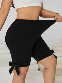 SHEIN EZwear Plus Size Women Casual Bow Decor Short Leggings, Summer - Black - View 1