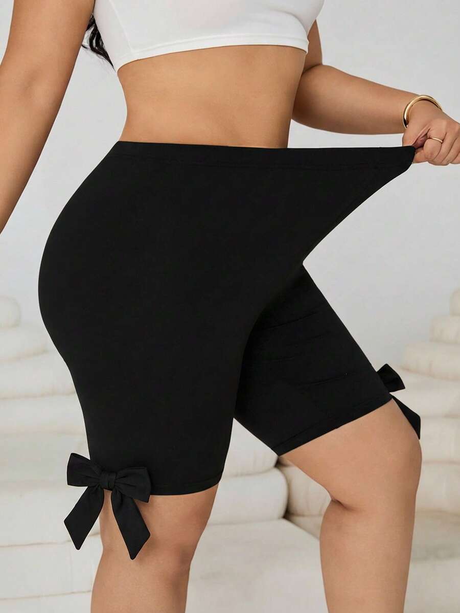 SHEIN EZwear Plus Size Women Casual Bow Decor Short Leggings, Summer - Black - View 1