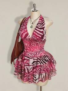 SHEIN ICON Plus Size Women's Sexy Beach Vacation Leopard & Zebra Print Patchwork Backless Tie-Front Ruffle Hem Waist Cinched Dress - Hot Pink - View 4