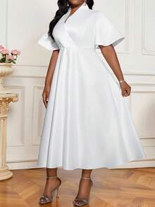 SHEIN Lady 大码优雅派对纯色束腰连衣裙 - 白色 - 查看 5