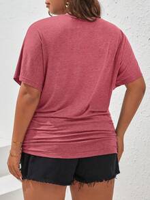 SHEIN Frenchy Camiseta holgada de manga de murciélago con pliegues de unicolor talla grande - Rosado Sandía - Ver 2