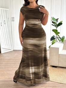 Lounesse Plus Size Elegant Tie Dye Print Maxi Fishtail Dress,Formal Dresses For Women - Chocolate Brown - View 7