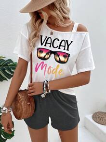 SHEIN LUNE Bộ đồ nữ gồm áo và quần short in chữ và kính, kiểu dáng thường ngày. - Nhiều màu - Xem 5