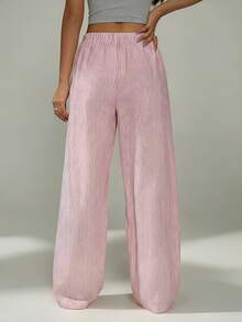 SHEIN PETITE Quần dài kẻ sọc màu hồng trắng dáng suông dành cho nữ, thích hợp mặc ở nhà vào mùa xuân và mùa hè. - Xanh đậm - Xem 2