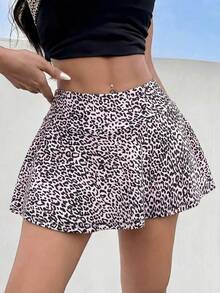 SHEIN EZwear Quần short mùa hè dáng ngắn họa tiết da báo với viền bèo nhún. - Hồng - Xem 6