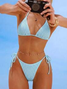 Swim Mod Conjunto de bikini de cuello halter para mujer, 2 piezas de traje de baño para playa, isla, resort, chica dulce, fiesta de piscina, primavera/verano, conjunto de bikini de mujer verde lago fresco - Celeste - Ver 1