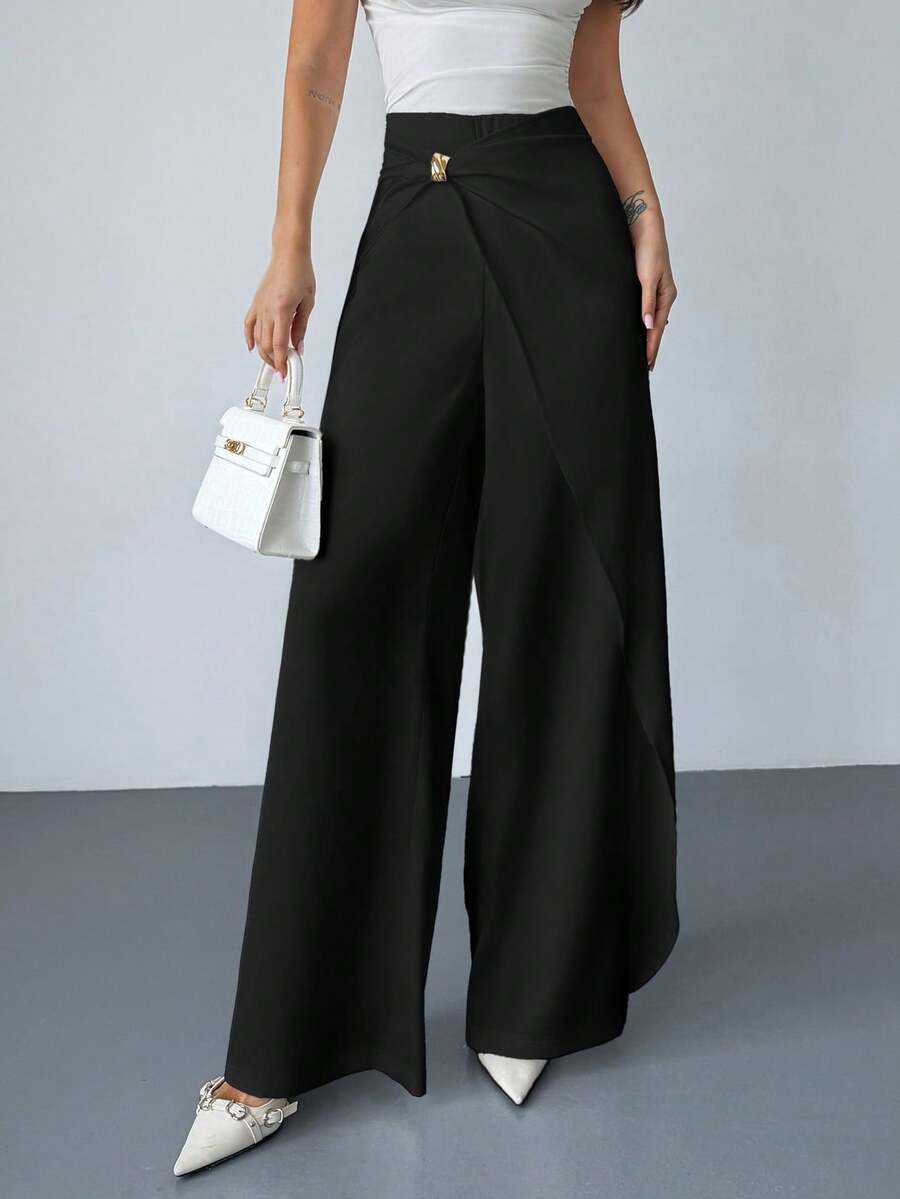 Firerie Quần ống rộng màu trắng satin, kiểu dáng thanh lịch, thoải mái, thích hợp cho nữ đi làm công sở, đi làm về. Thiết kế khóa kim loại trang trí, phù hợp cho quần dài rộng rãi, quần công sở, đi làm, đi du lịch, mặc nhà thoải mái. - màu đen - Xem 1