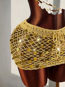 Amplova 女士露背吊带亮片流苏短款上衣和亮片刺绣金色迷你裙套装 - 金色 - 查看 7