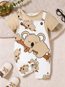 SHEIN GraphicGems Quần yếm ngắn tay cổ tròn in hình động vật dễ thương cho bé trai, thích hợp mặc mùa hè. - Màu Khaki - Xem 5