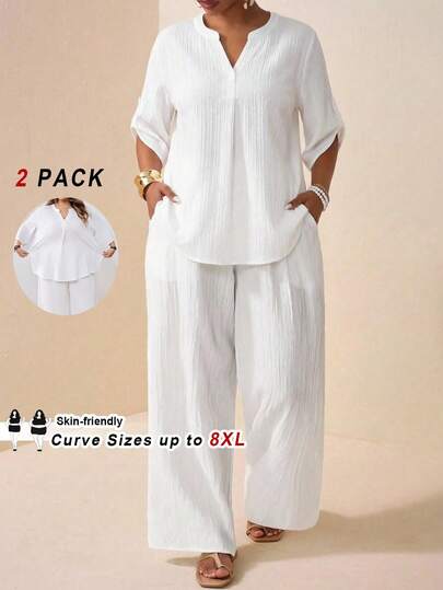 SHEIN CURVE+ 两件套加大码女式休闲日常套装，V领短袖上衣搭配松紧腰裤，女士夏季服装，欧洲夏季街头时尚，女士乡村风格套装，女士乡村音乐节服装，女装，街头时尚，休闲度假套装