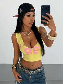 StreetHx 女士黄色印花V领吊带背心 - 黃色 - 查看 5