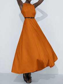 Aveloria Modichic Elegant Round Neck Sleeveless Oblique Shoulder Cinched Waist Exaggerated Pleated Ruffle Maxi A-Line Dress For Commuting - Orange - View 4