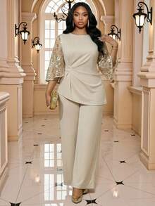Fleurora Beige Summer Elegant Wedding Plus Size Two Piece Set For Women,Sequin Embroidery Mesh Patchwork Top And Pants 2 Pieces Set,Mother Of The Bride Suit - Khaki - View 5