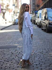 Slaydiva Bộ áo liền quần denim không tay dáng rộng, thời trang thường ngày dành cho nữ, thích hợp cho mùa hè. - Rửa nhẹ - Xem 8