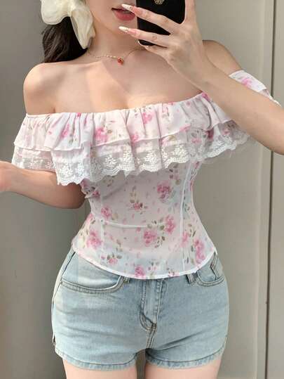 Joudiya Spring & Summer Ditsy Floral Lace Chiffon Blouse, Fitted Waist One-Shoulder Short Sleeve Elegant Commuter Shirt For Women