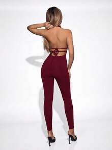 SHEIN ICON Bộ áo liền quần hở lưng cổ yếm màu trơn dành cho nữ - Màu Đỏ Sâu - Xem 2