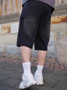 LEOGASHI Quần short denim Bermuda ống rộng thoải mái cho nam, phong cách Emo - màu đen - Xem 3
