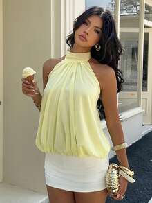 Aloruh 女士新款雪纺吊带露背上衣，夏季上衣，黄色上衣/可爱上衣/性感上衣/度假上衣 - 黃色 - 查看 6