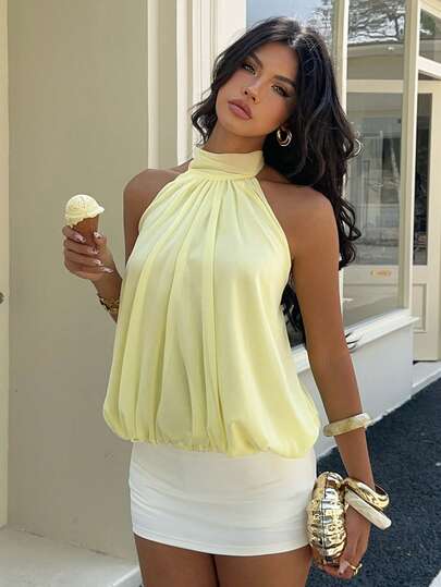 Aloruh Women's New Chiffon Halter Neck Blouse, Summer Top, Yellow Blouse/Cute Blouse/Sexy Blouse/Vacation Blouse Tops For Women Summer Cute Latest Tops For Women New Arrivals Trending Outfit Halter Neck Tops For Women