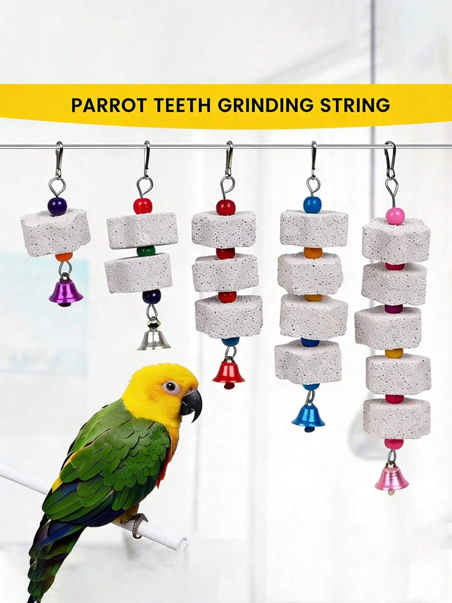 1 件多色鹦鹉喙磨钙石带铃铛笼玩具，花卉悬挂式咀嚼玩具，适用于玄凤鹦鹉、爱情鸟、长尾小鹦鹉、仓鼠、兔子