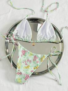 Swim Mod Summer New French Countryside Floral Bikini, Halter Neck Sexy Tie-Up Two Pieces Swimwear - Multicolor - View 2