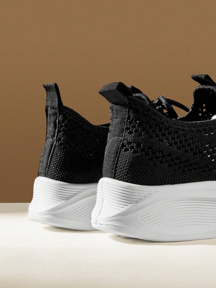 CUCCOO EASI Women's Lace-Up Knitted Breathable Small Round Toe Thick Flat-Bottomed Casual Sneakers Comfortable And Simple Black Knitted Casual Sneakers Daily Outdoor Commuting