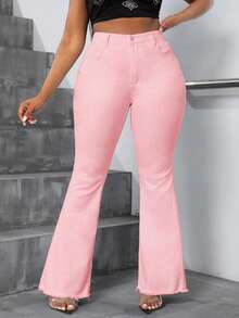 Slaydiva Plus Size Elegant Extra Long Flare Jeans - Baby Pink - View 1