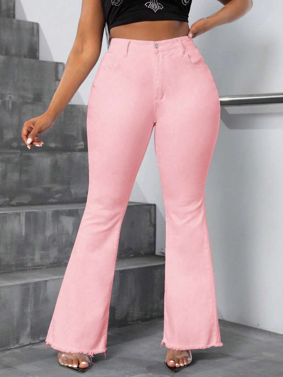 Slaydiva Plus Size Elegant Extra Long Flare Jeans - Baby Pink - View 1