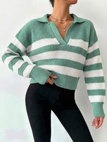 EURMUSE Striped Pattern Drop Shoulder Sweater - Mint Green - View 5