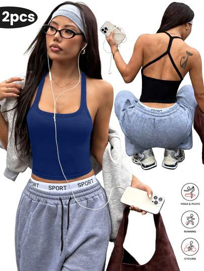 2件套女士无缝瑜伽运动文胸无钢圈健身短款上衣和运动背心运动服套装