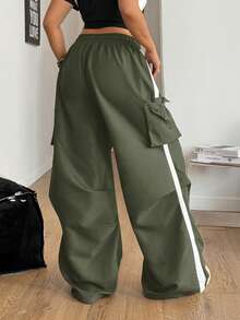 Coolane Damen Plus Sommer Streetwear Sport Basic Klapptasche Seitliche Kordelzug Taille Fallschirm Graue Cargohose - Armeegrün - Übersicht 7