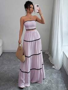 Rafferiza Petite 2pcs/Set Women Elegant Ribbon Decor Bandeau Top And Skirt Set - Purple - View 5