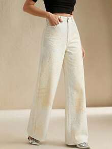 Anewsta Women's Casual Commuter Rhinestone Decor Loose Wide-Leg Jeans - White - View 7