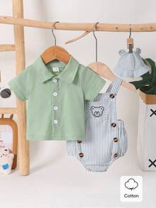 SHEIN 3pcs/Set Newborn Baby Boys' Light Green Summer Cute Family Matching Knitted Contrast Collar Shirt Bear Embroidered Striped Overall&Buttoned Hat - Green - View 9