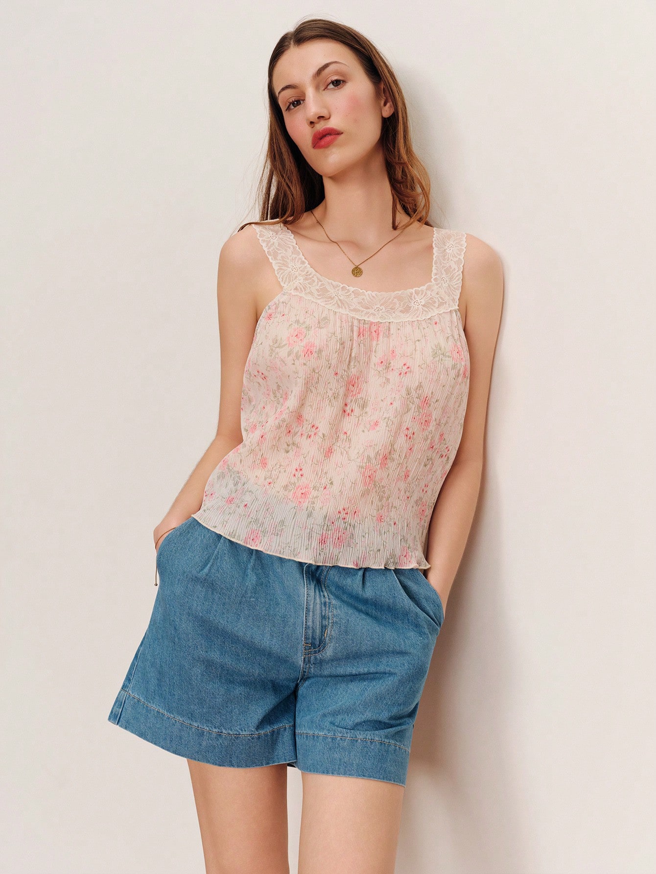 White And Pink Pleated Floral-Print Cami With A Lace Trim Neckline Chic Style Spring Summer French Style Parisian Style Cute Summer Top Holiday Top Pink Flower Top Flowy Top