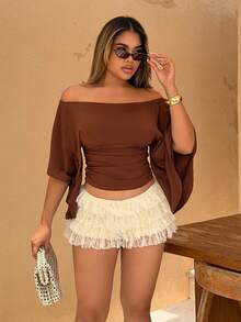 Maria Perezxox Áo thun nữ hở vai tay loe màu trơn, eo thắt eo phong cách cổ điển gợi cảm - màu nâu - Xem 3