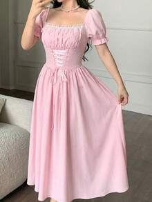 Glamine Charm Đầm maxi nữ thắt eo, tay phồng, phối ren hoa, họa tiết hoa. - Hồng - Xem 10